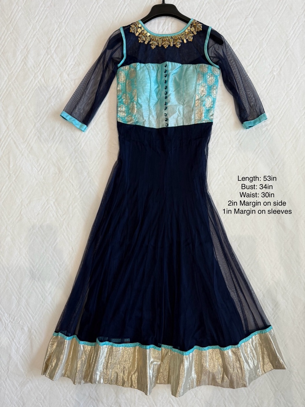 Elegant Navy and Teal Wedding Dress with Gold Accents